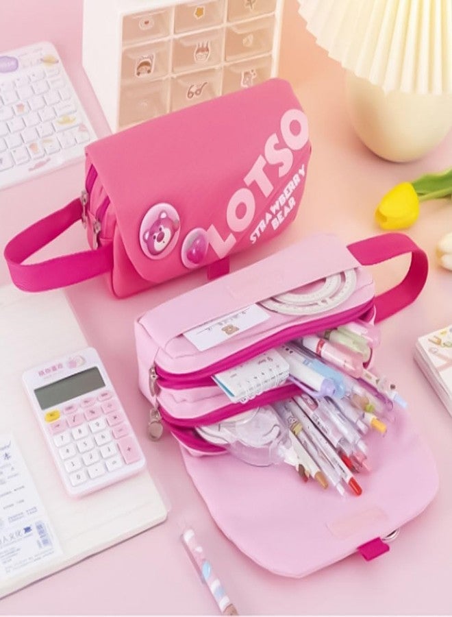 WireScorts Three Layer Premium Canvas Pencil Pouch with Cartoon Patch for School Girls and Boys, Cute Aesthetic Stationery Items Kit Case, Pencil Pouch for Kids (LOTSO - Light Pink) - Image 2